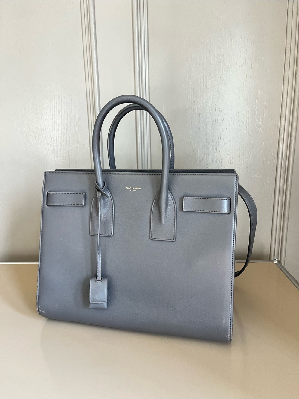 Saint Laurent Grey Leather Structured Satchel